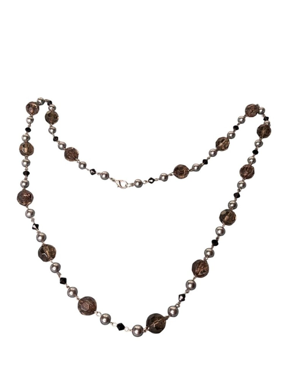 Silvertone Beaded Chain Necklace Glass Faux Pearls Black Brown Faceted Plastic